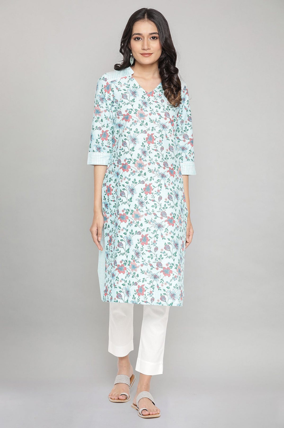 Blue Cotton Floral kurta - XS