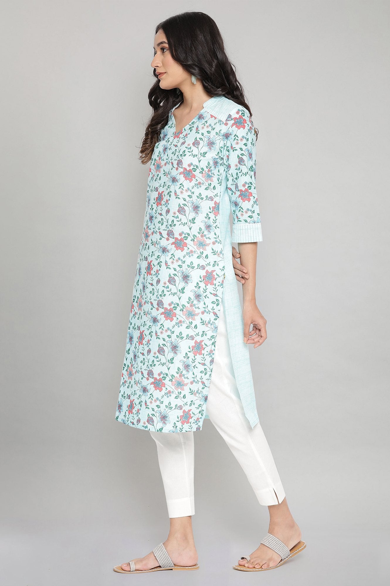 Blue Cotton Floral kurta