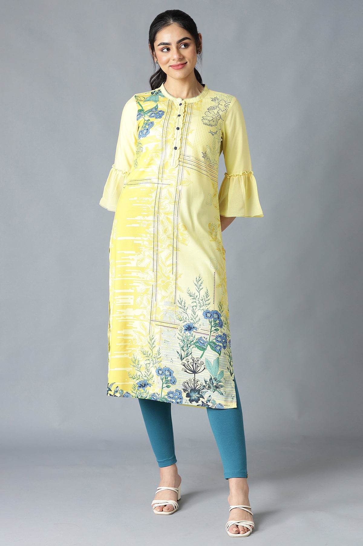 Yellow Floral Print kurta - S