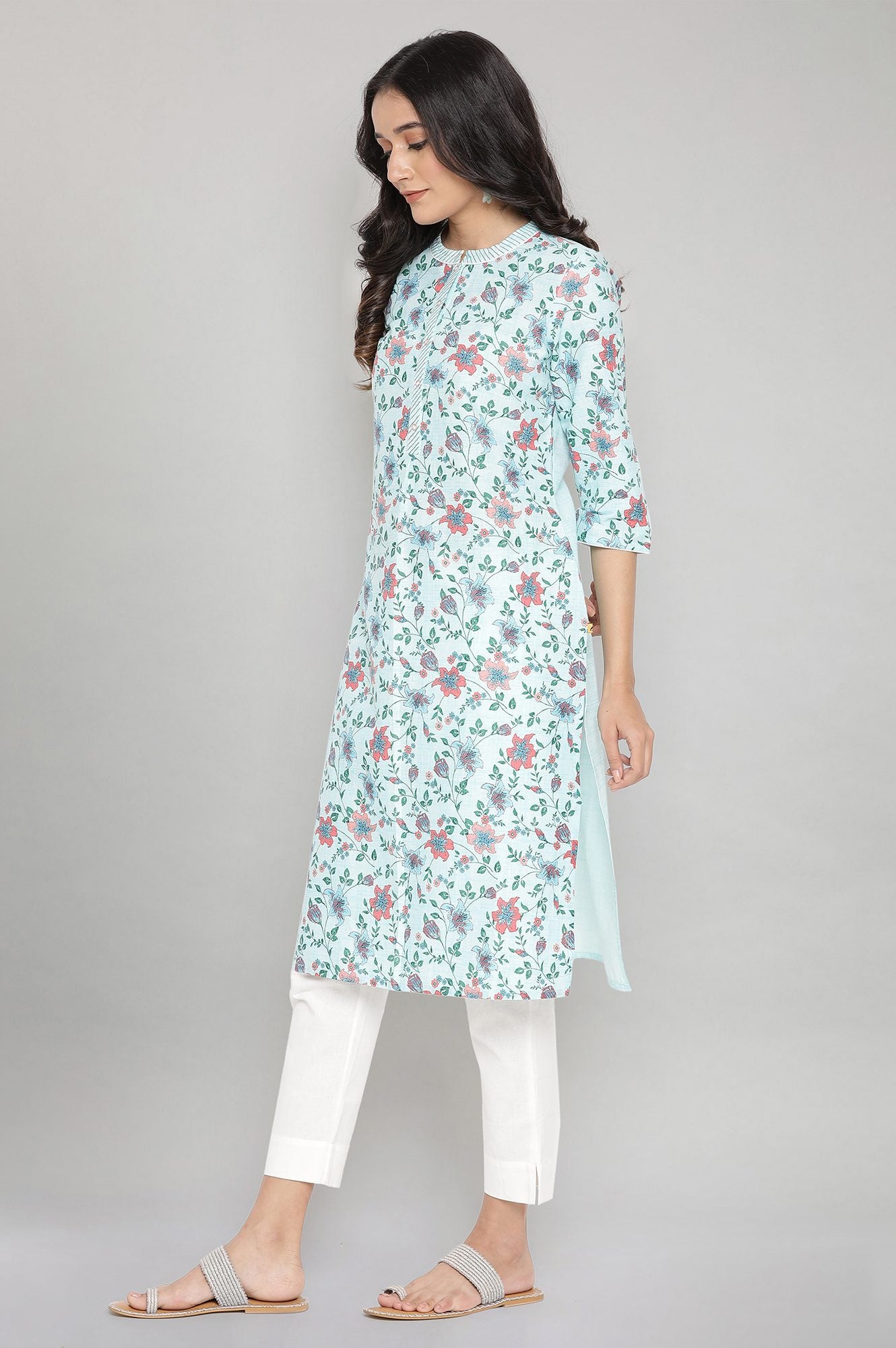 Blue Cotton Floral kurta