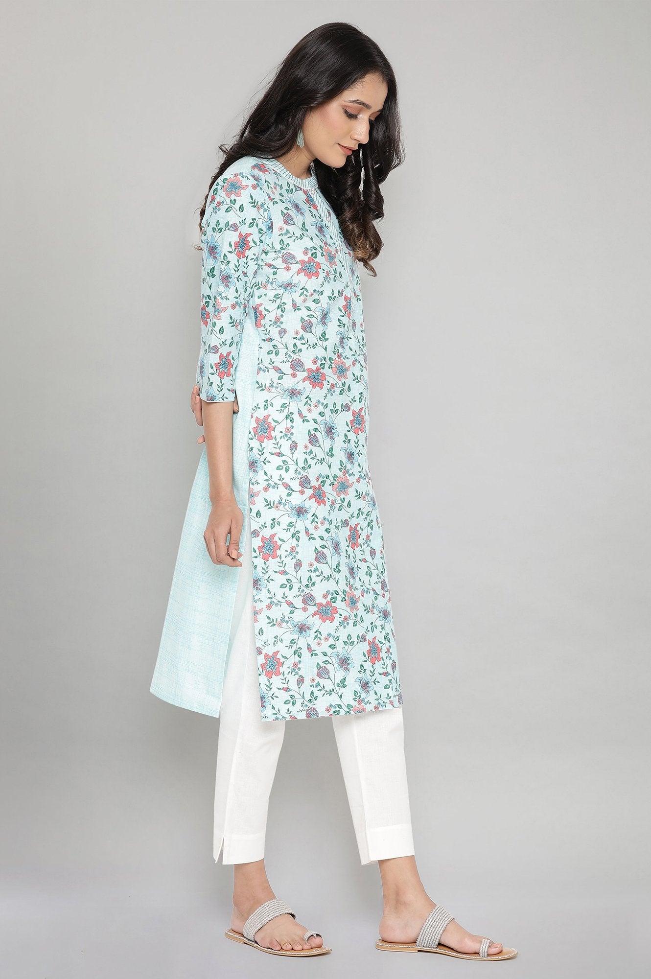 Blue Cotton Floral kurta