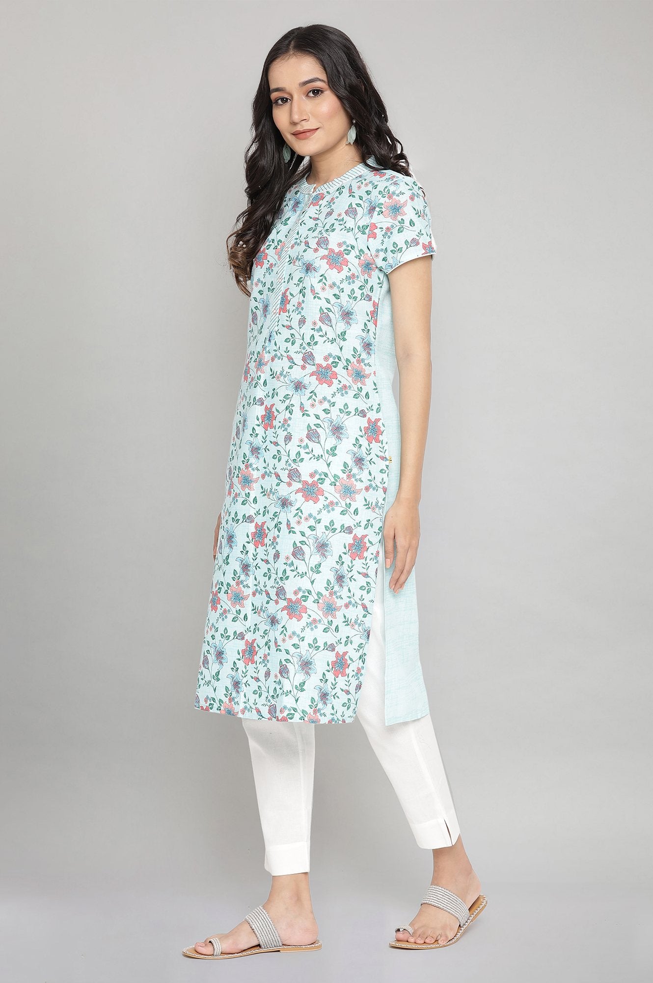 Blue Cotton Floral kurta