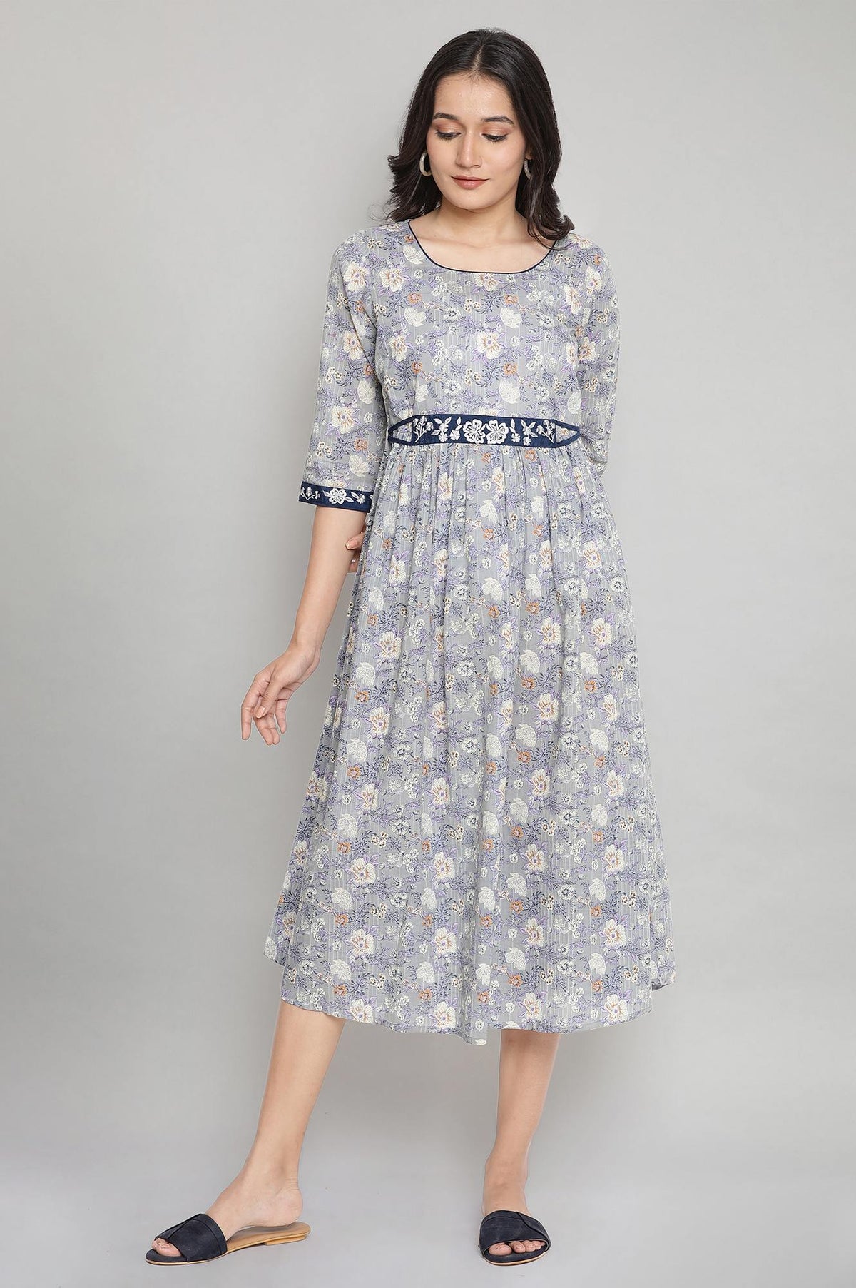 Stonewash Grey Cotton Gathered Dress - M
