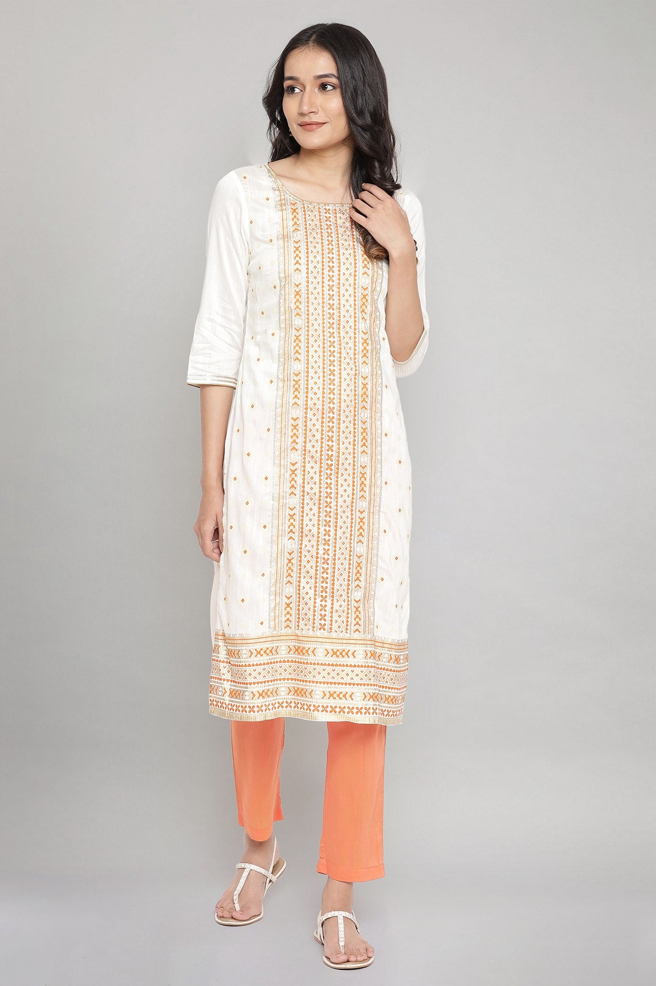 Orange Foil Print Straight kurta