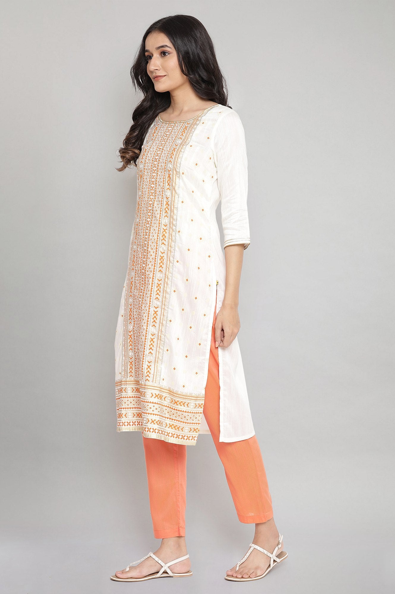 Orange Foil Print Straight kurta