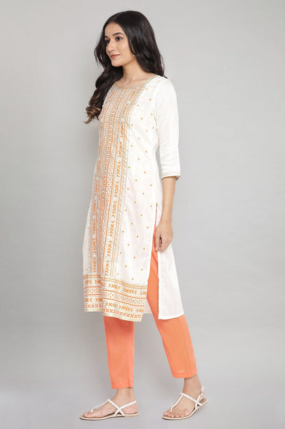 Orange Foil Print Straight kurta