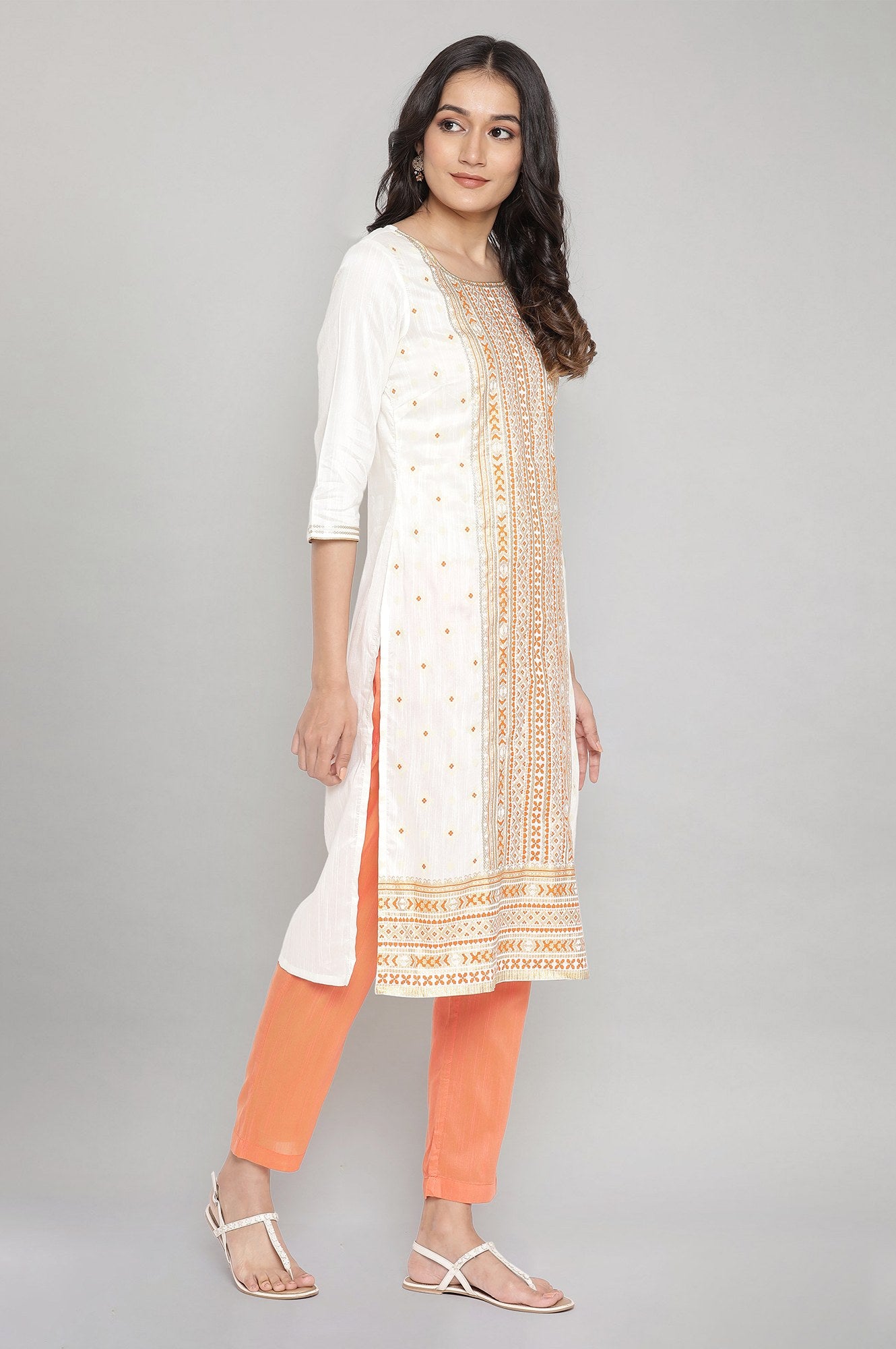 Orange Foil Print Straight kurta