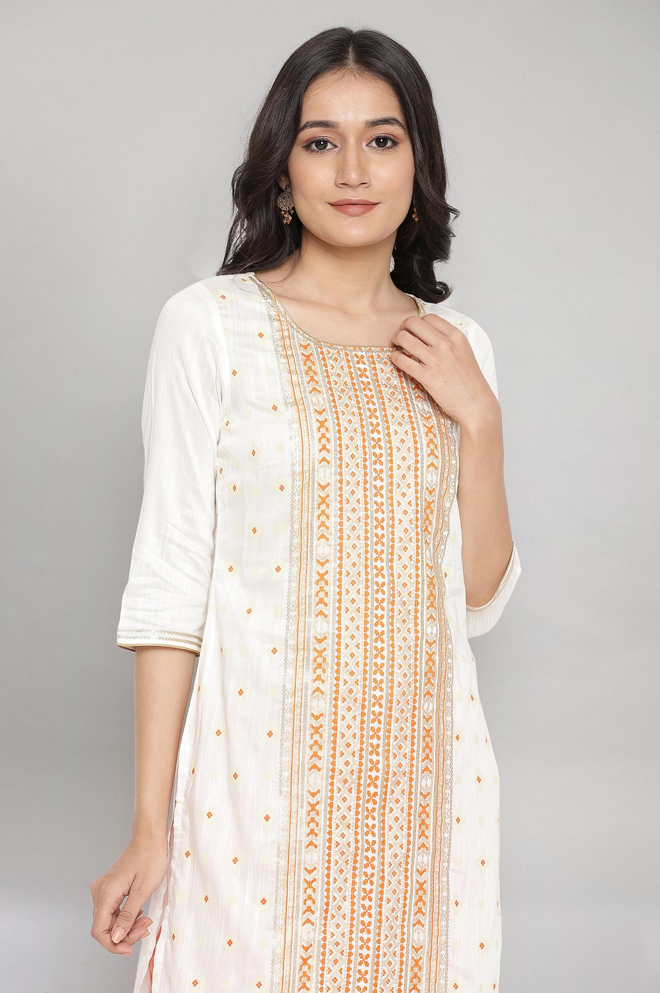 Orange Foil Print Straight kurta