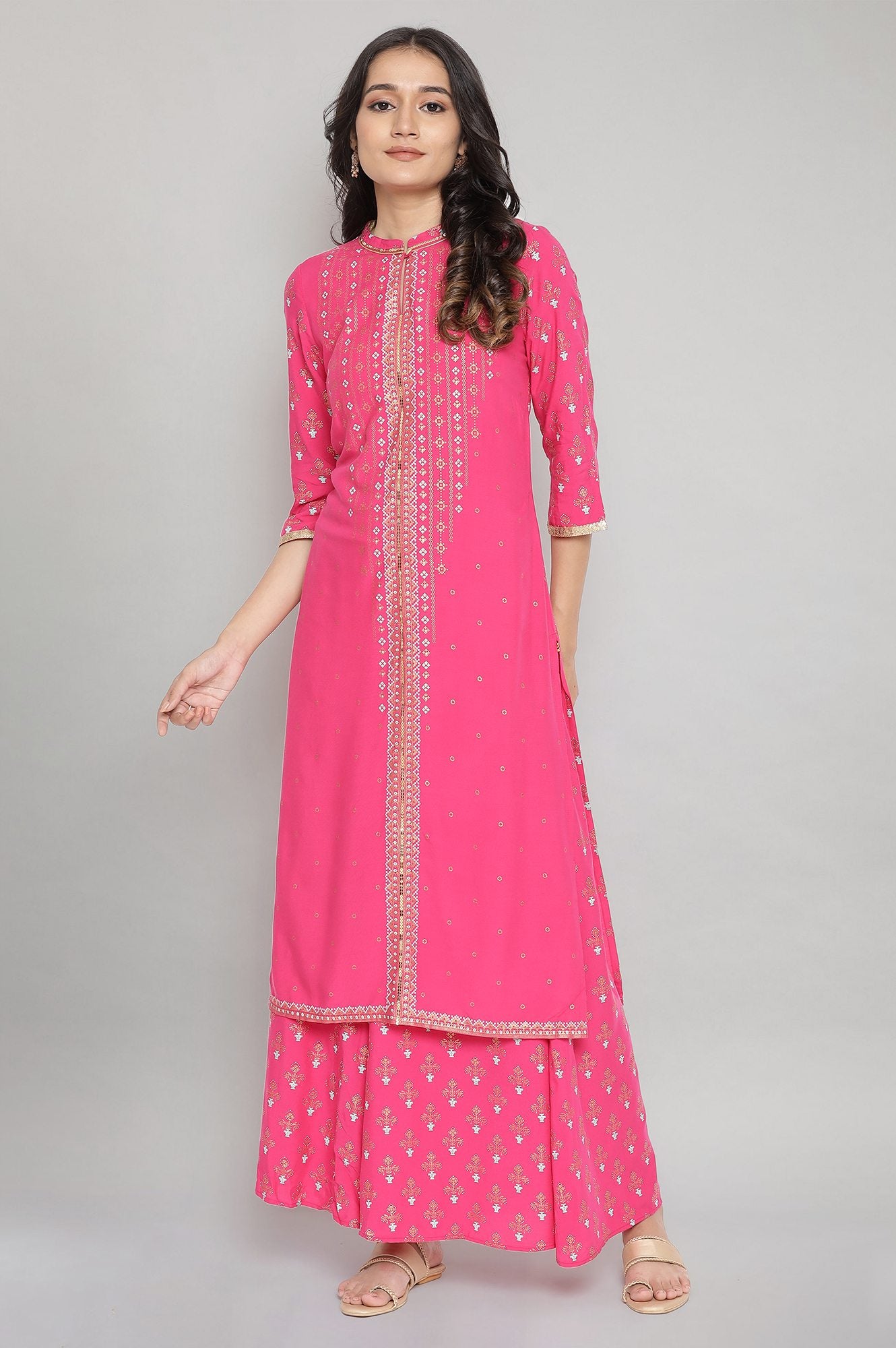 Pink Mandarin Collar Foil Print kurta