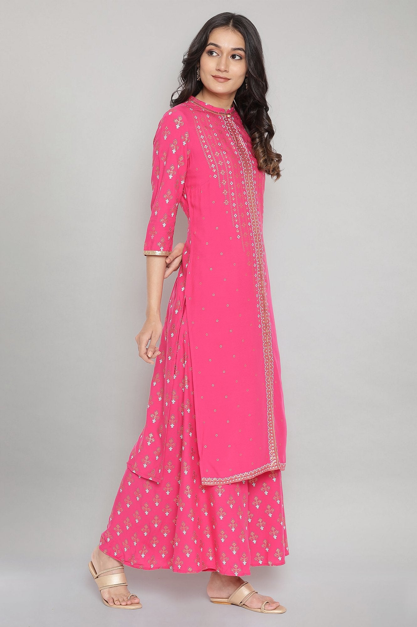 Pink Mandarin Collar Foil Print kurta