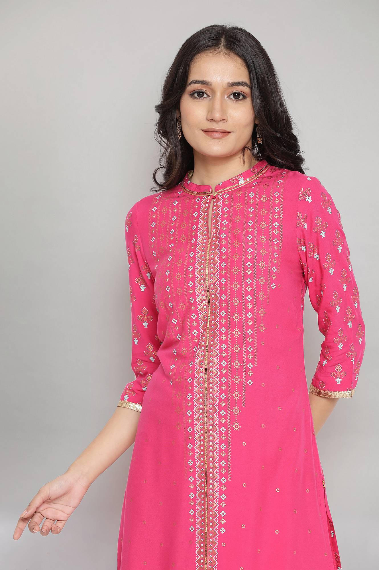 Pink Mandarin Collar Foil Print kurta