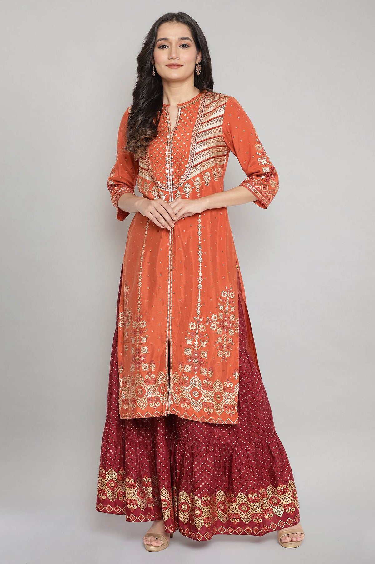 Orange Mandarin Collar Printed Straight kurta - XS
