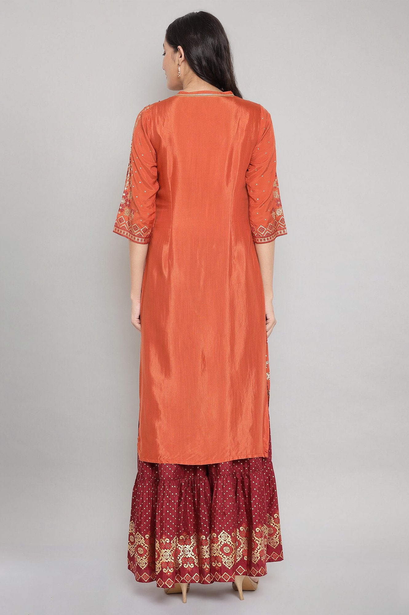 Orange Mandarin Collar Printed Straight kurta