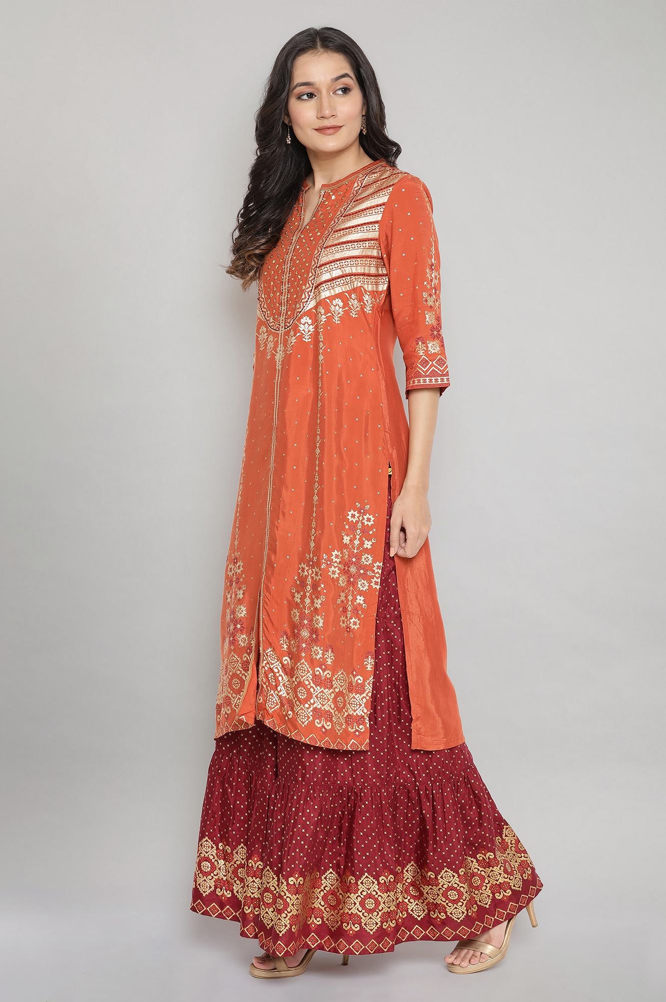 Orange Mandarin Collar Printed Straight kurta