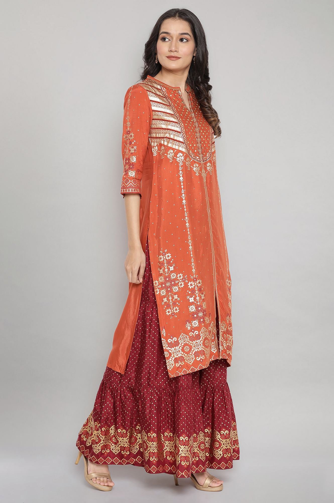 Orange Mandarin Collar Printed Straight kurta