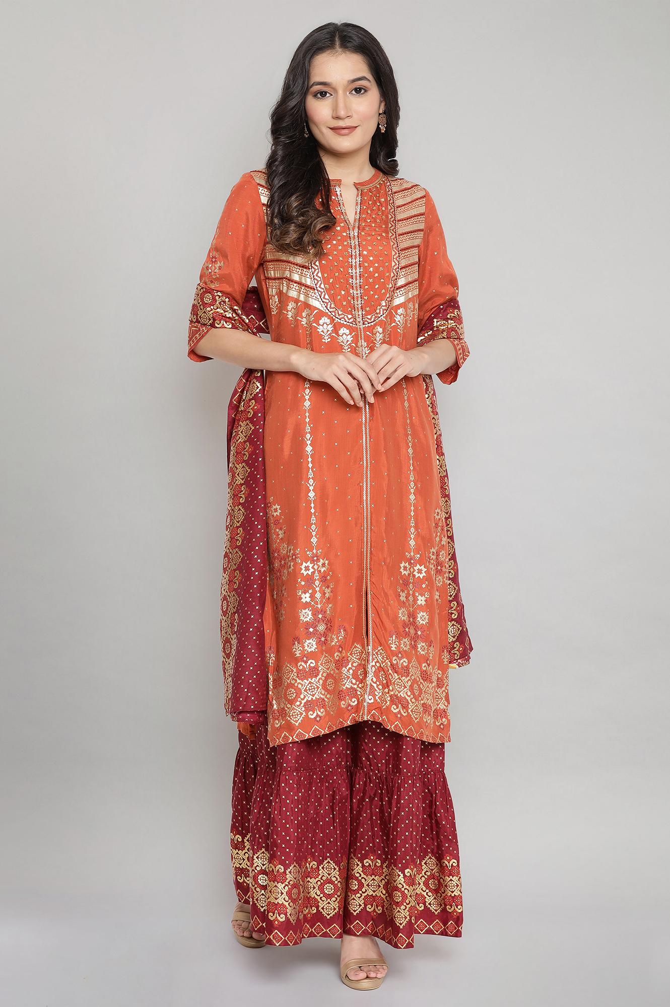 Orange Mandarin Collar Printed Straight kurta