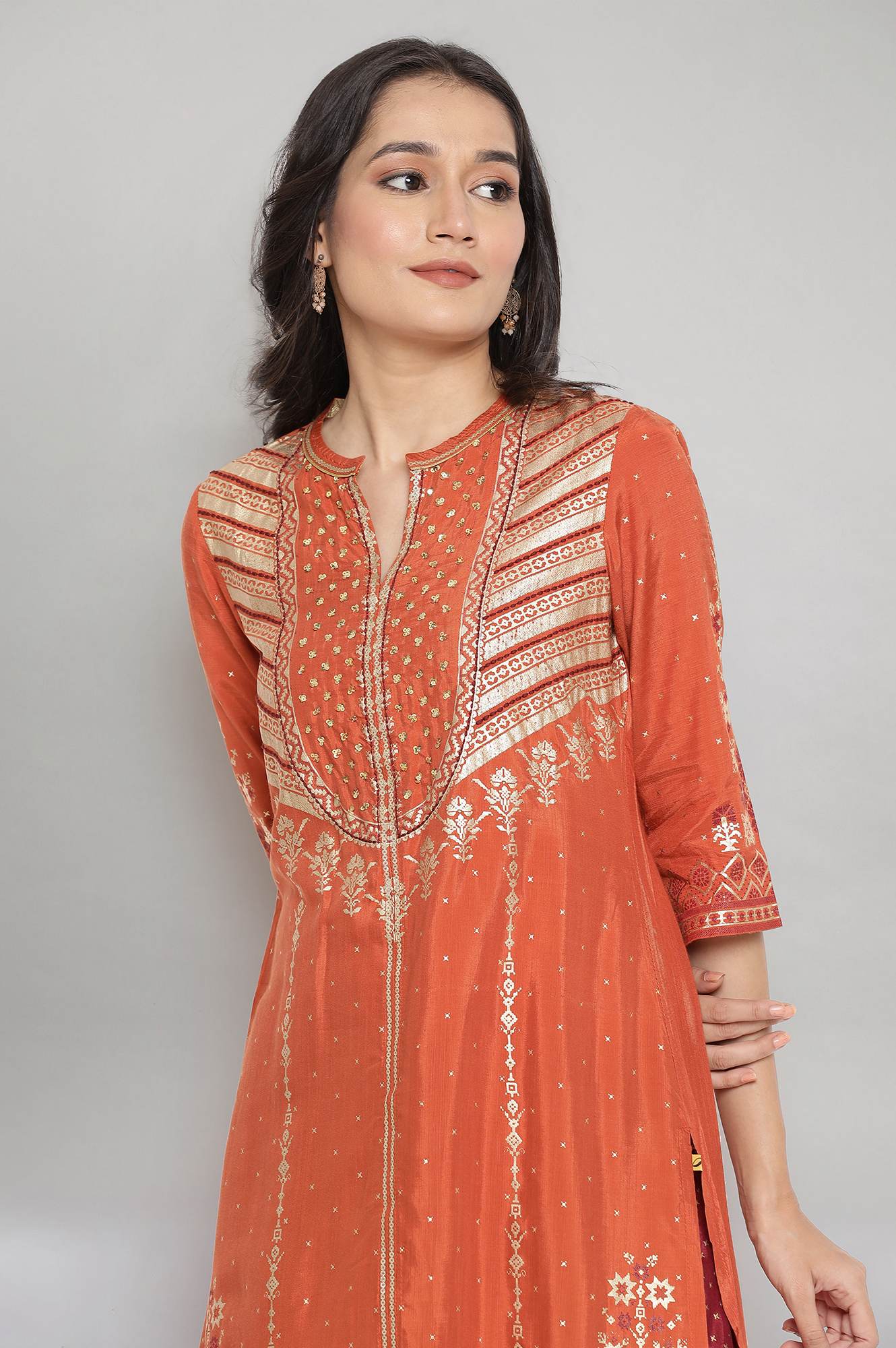 Orange Mandarin Collar Printed Straight kurta