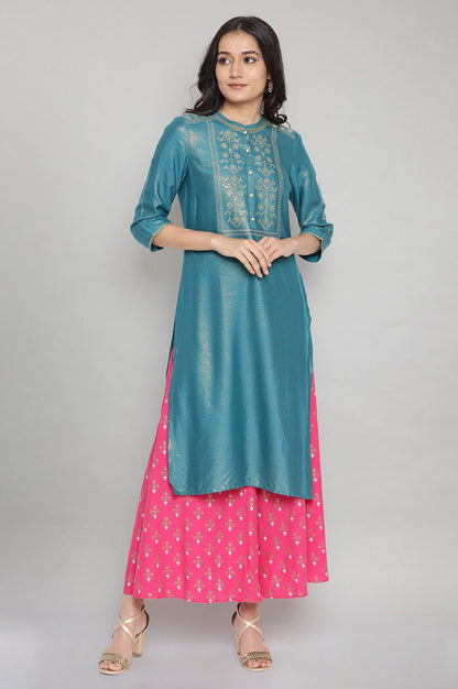 Teal Embroidered Straight kurta