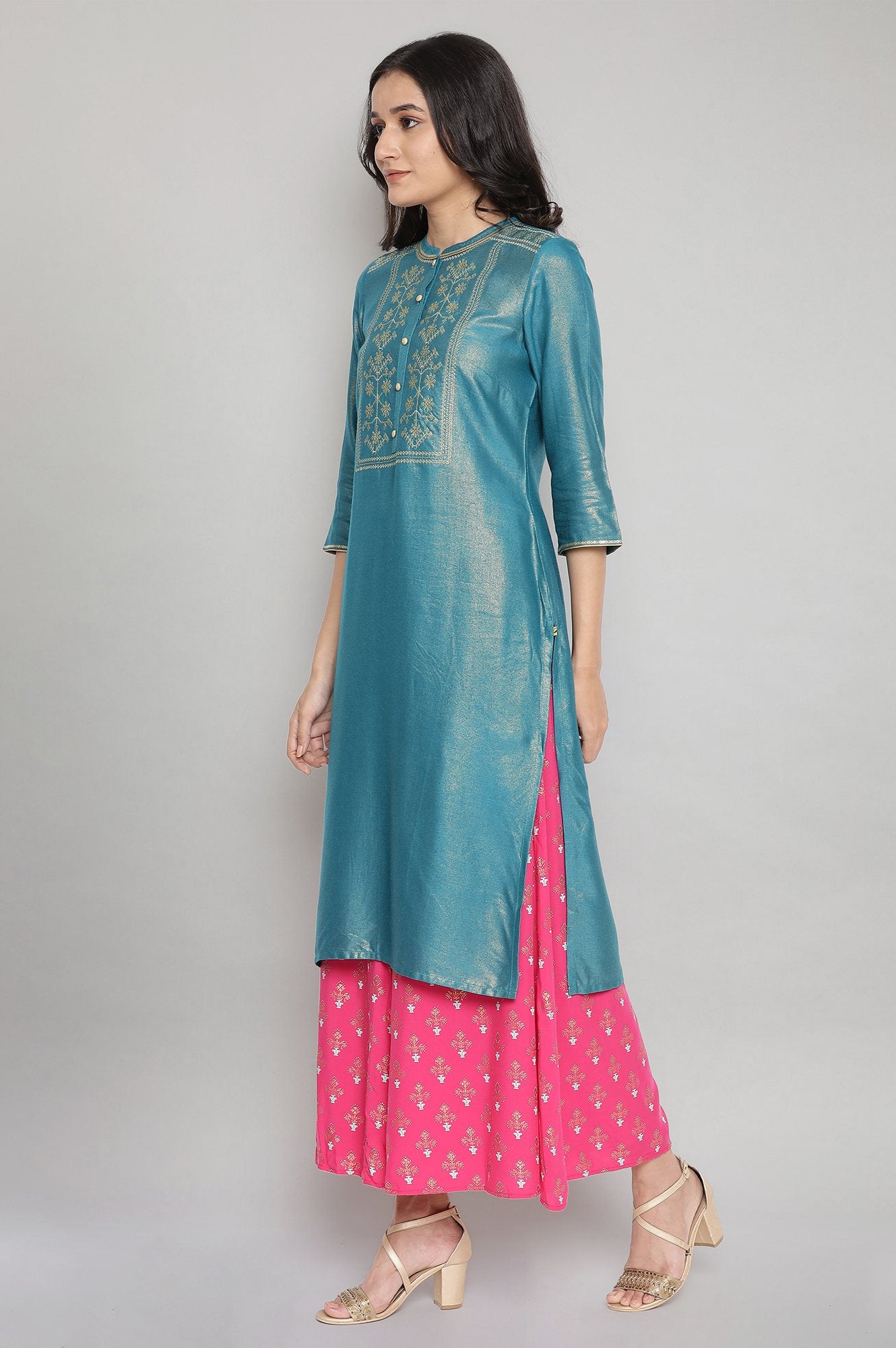 Teal Embroidered Straight kurta