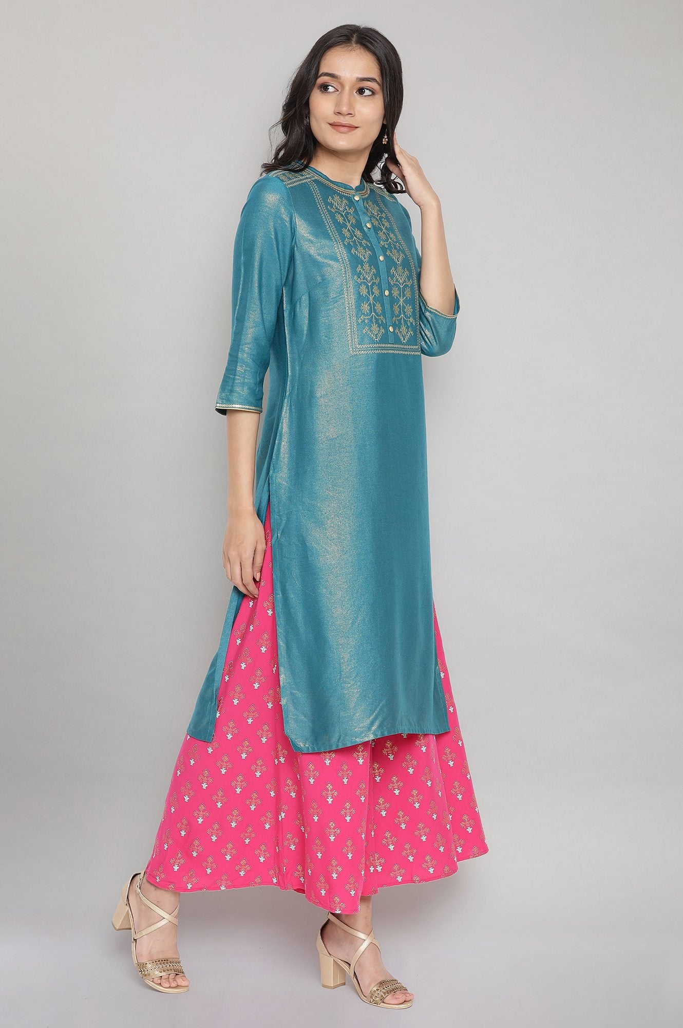 Teal Embroidered Straight kurta