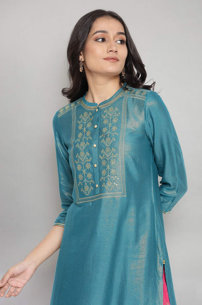 Teal Embroidered Straight kurta