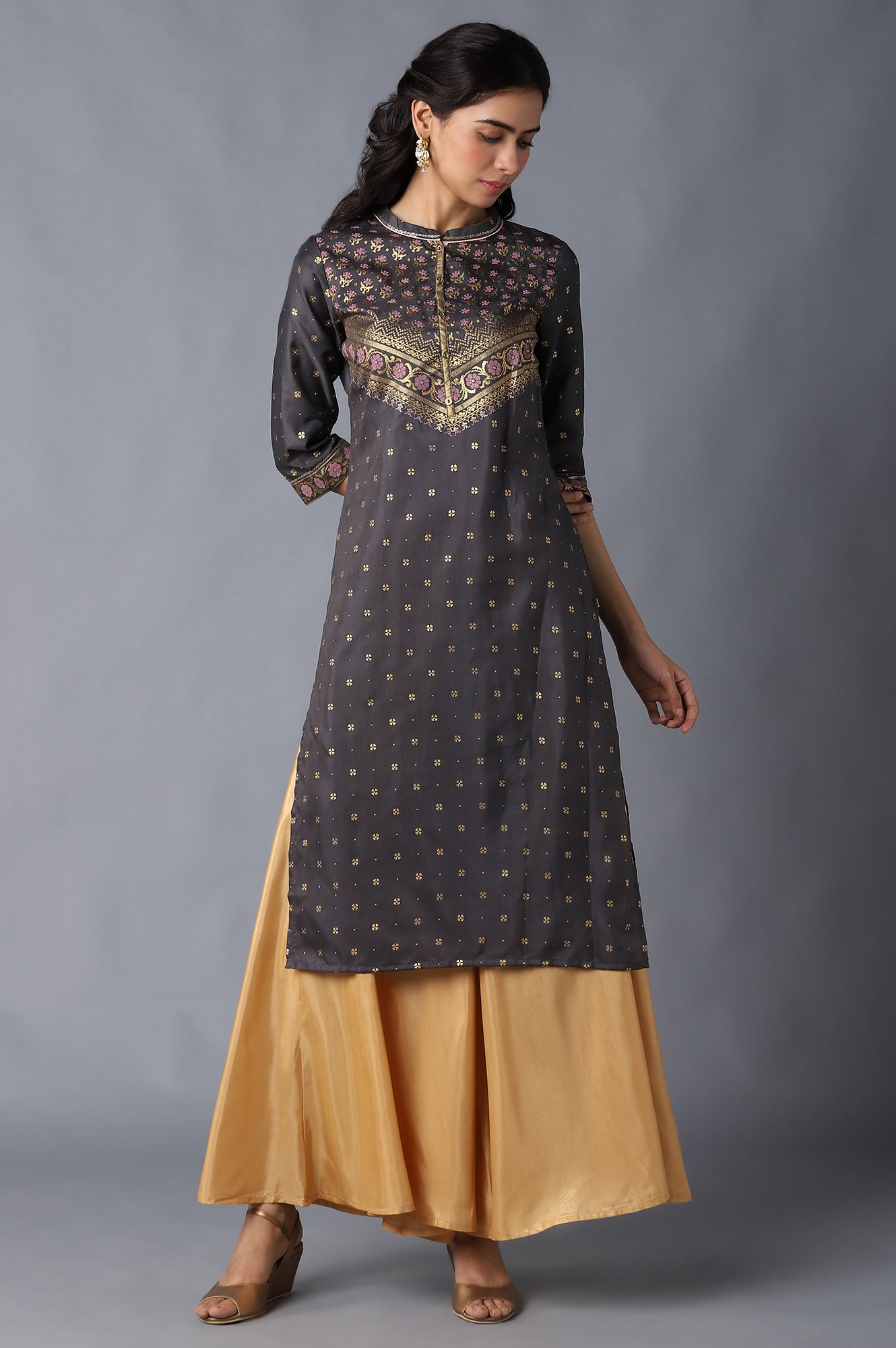 Grey Mandarin Collar Foil Print Straight kurta