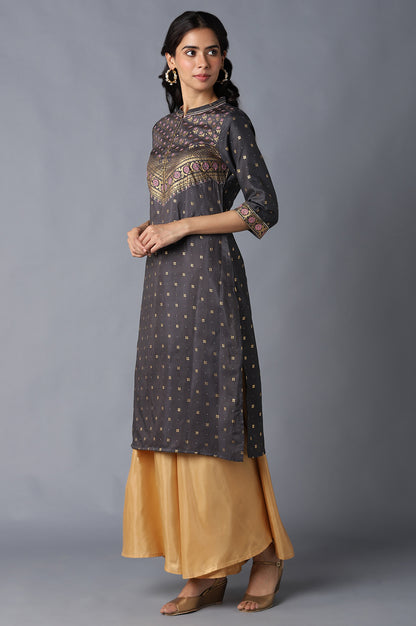 Grey Mandarin Collar Foil Print Straight kurta