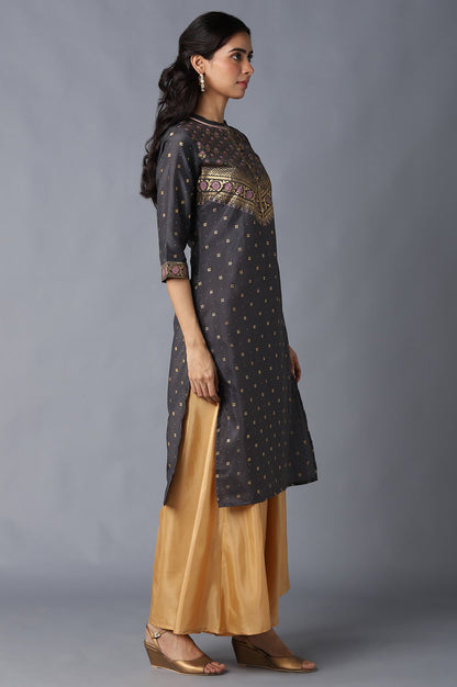 Grey Mandarin Collar Foil Print Straight kurta