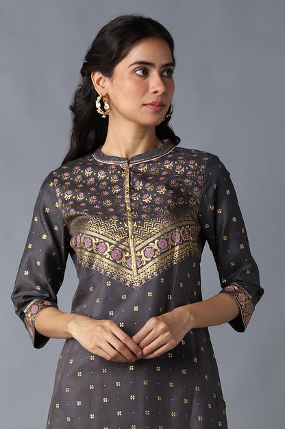 Grey Mandarin Collar Foil Print Straight kurta