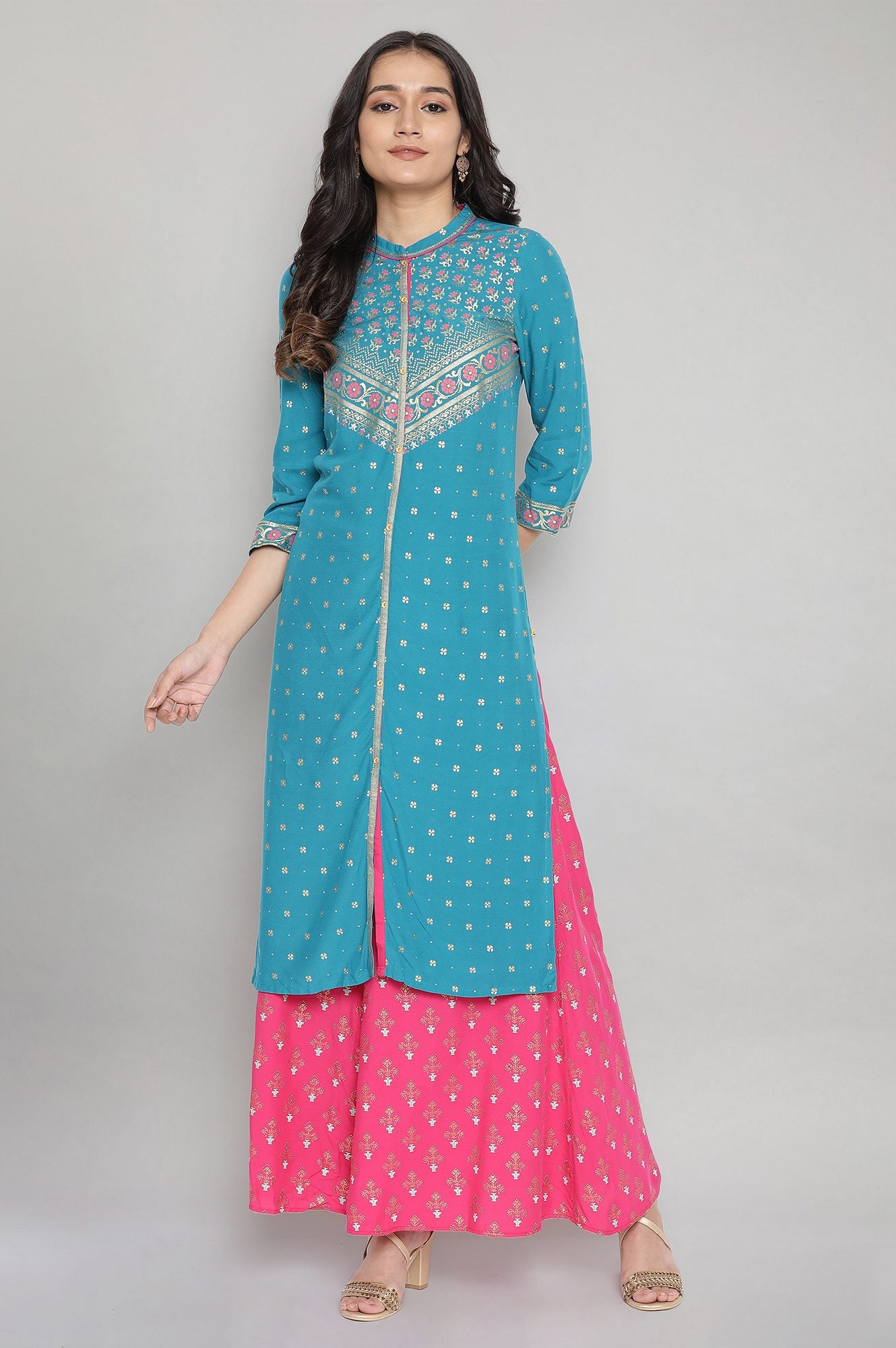 Teal Blue Mandarin Collar Foil Print Straight kurta