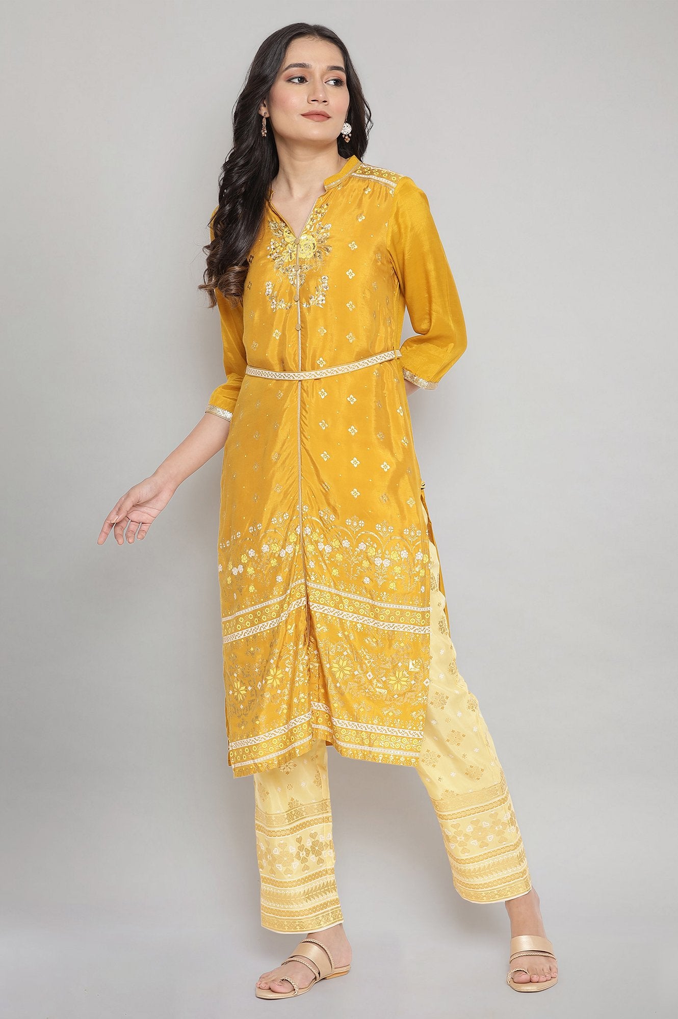 Mustard Mandarin Collar Foil Print Straight kurta