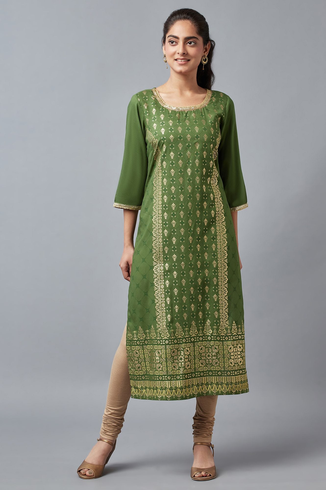 Green Round Neck Printed Straight kurta