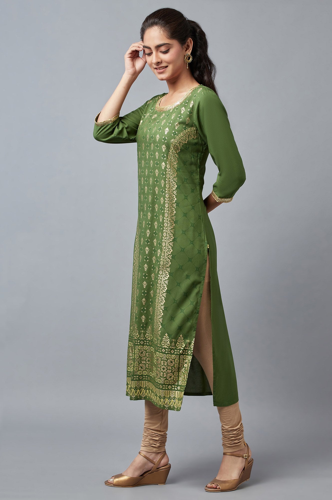 Green Round Neck Printed Straight kurta