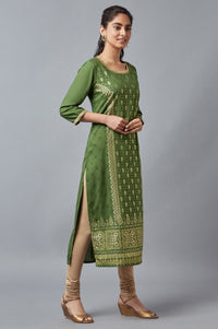 Green Round Neck Printed Straight kurta