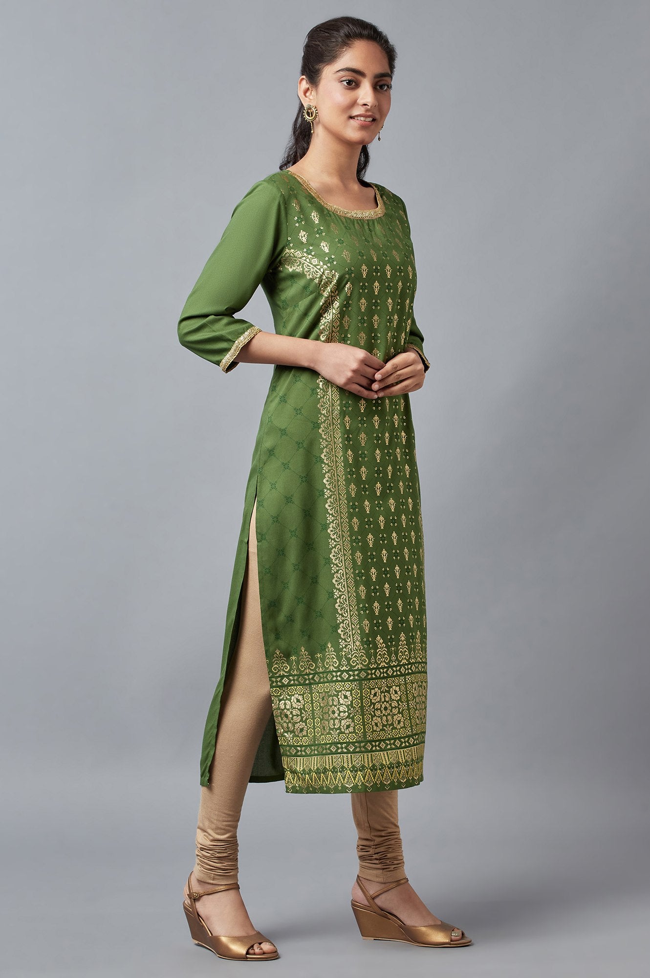 Green Round Neck Printed Straight kurta