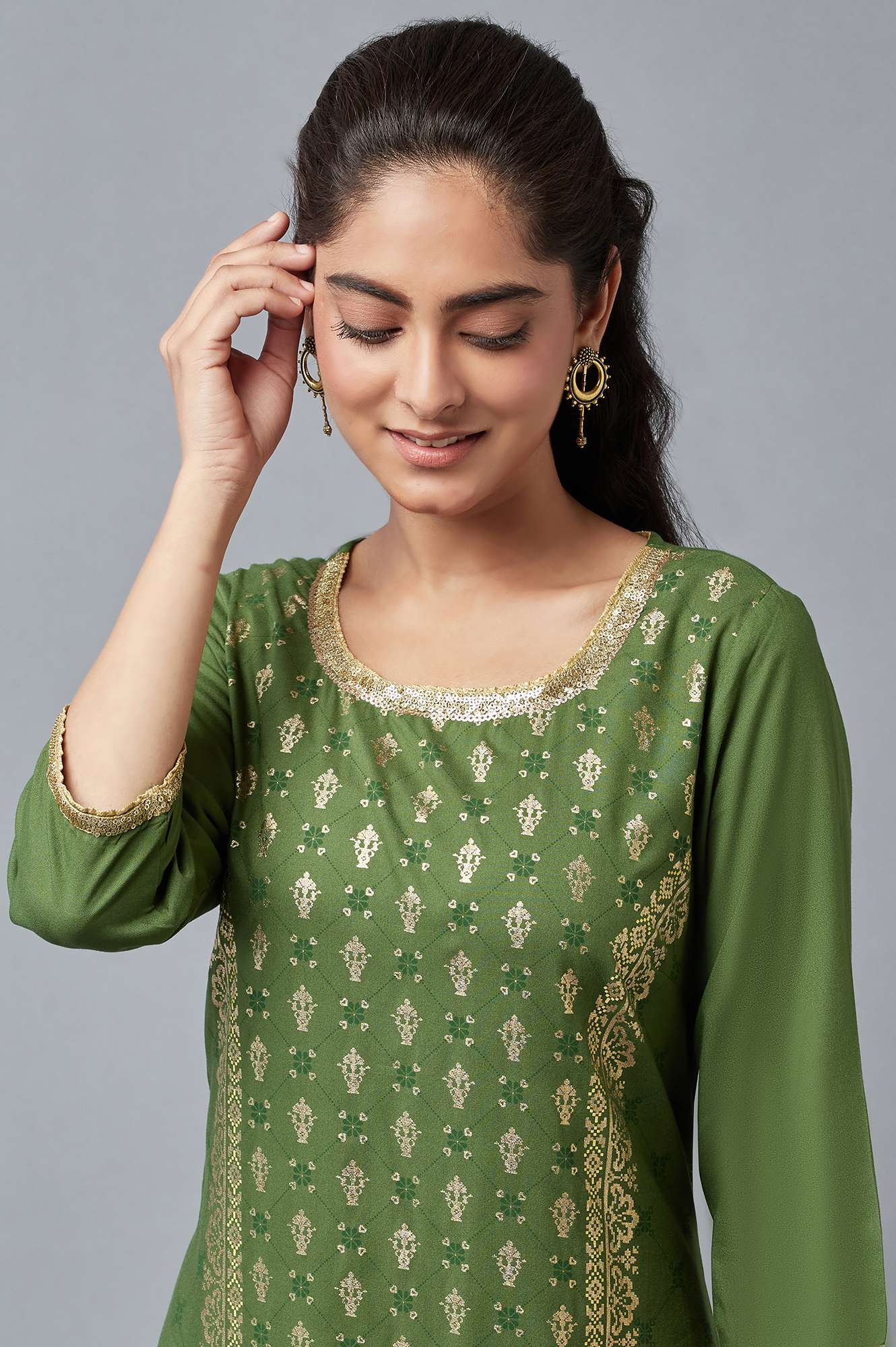 Green Round Neck Printed Straight kurta