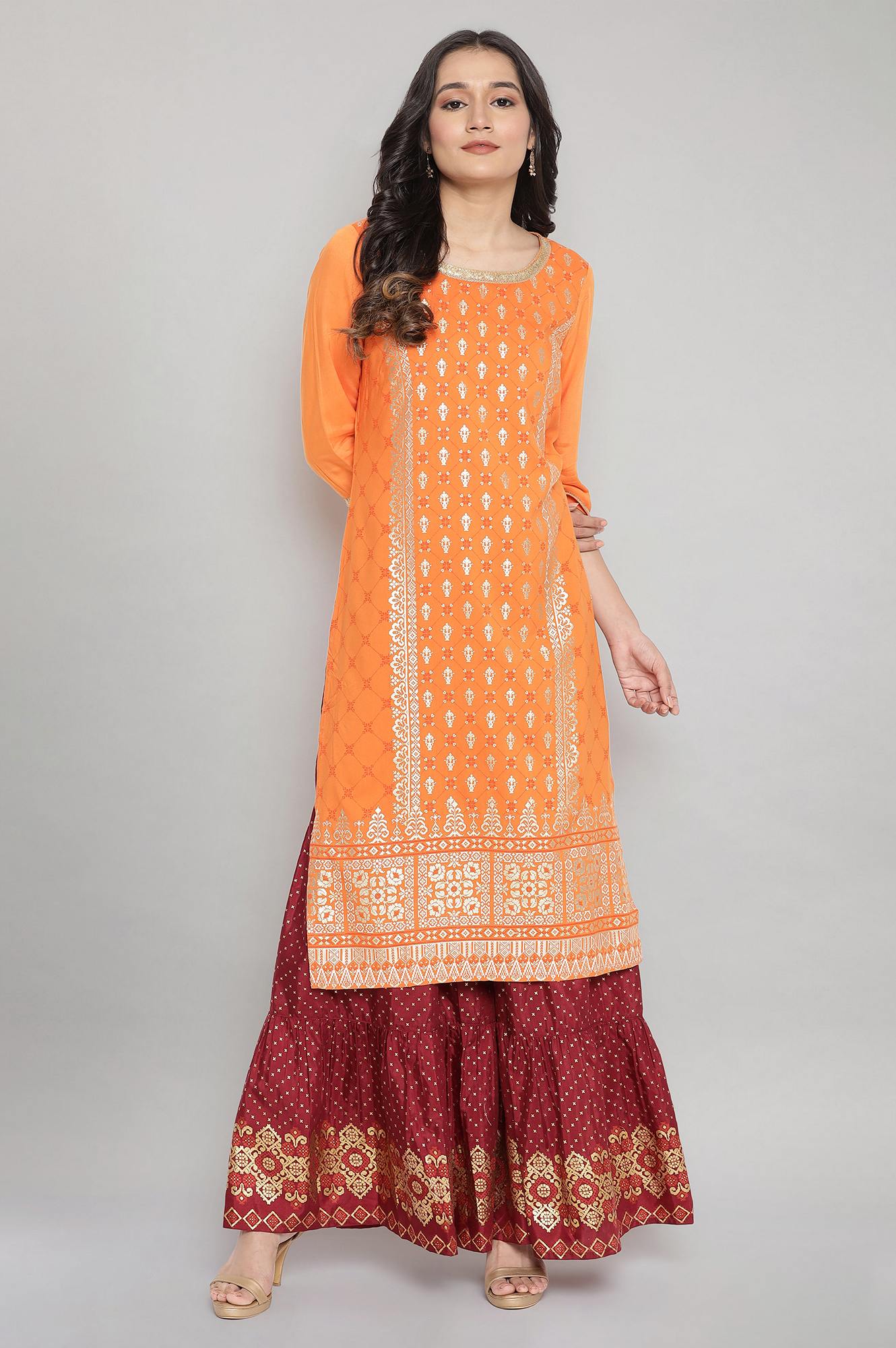 Orange Round Neck Printed Straight kurta