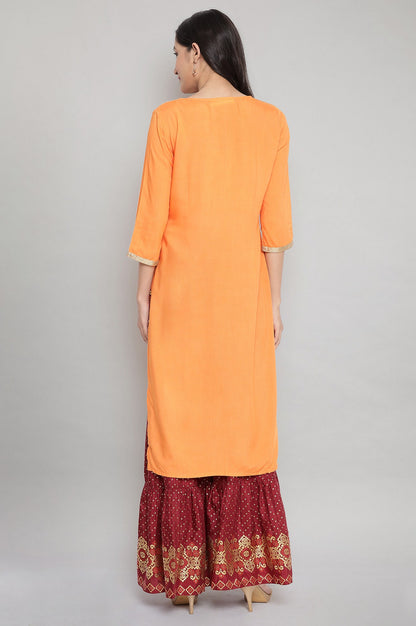 Orange Round Neck Printed Straight kurta