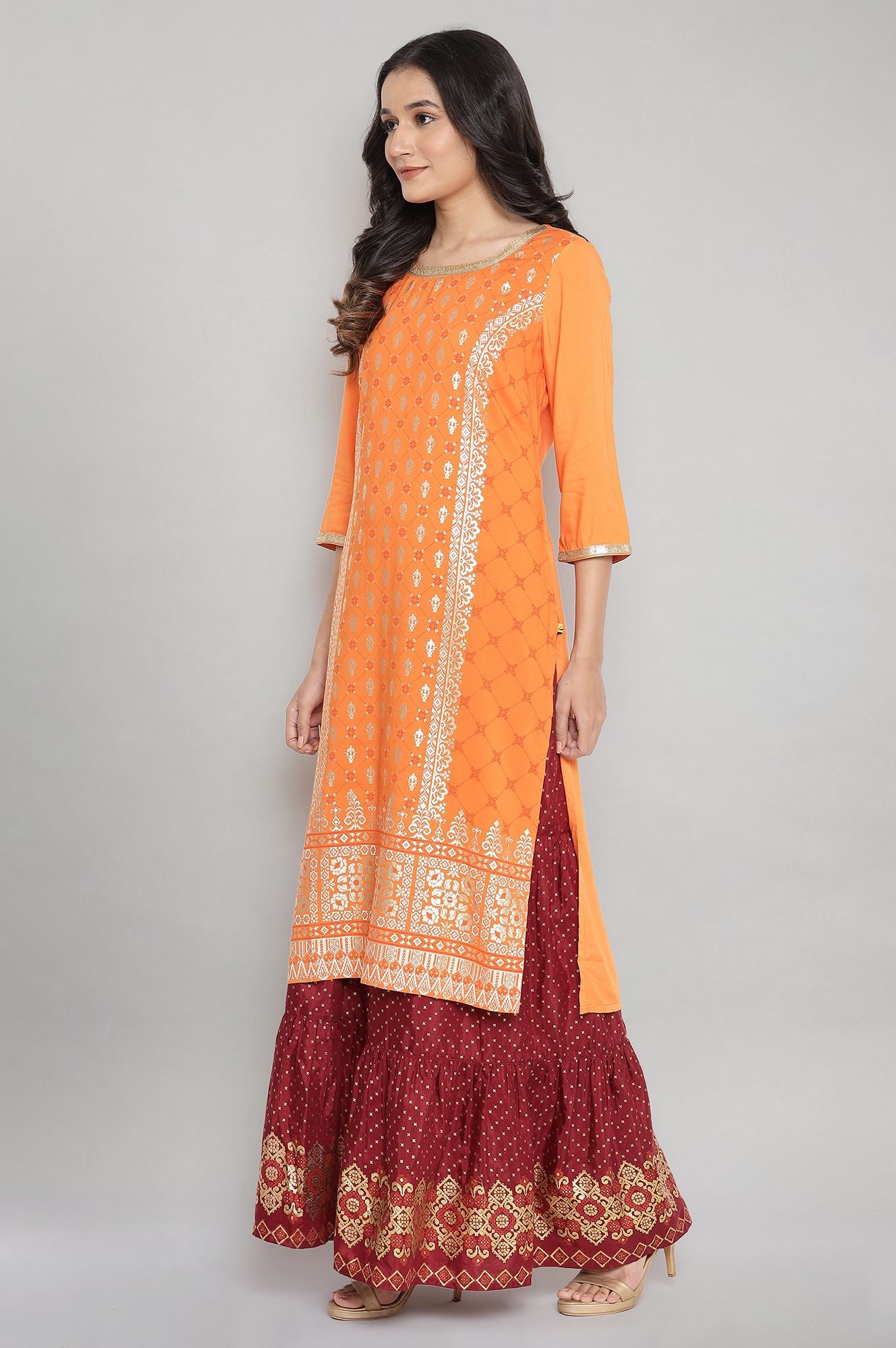 Orange Round Neck Printed Straight kurta