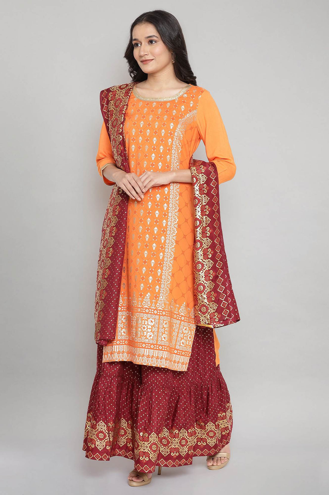 Orange Round Neck Printed Straight kurta