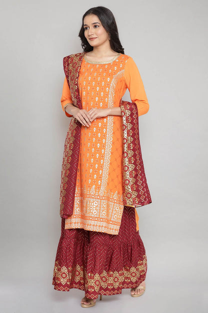 Orange Round Neck Printed Straight kurta