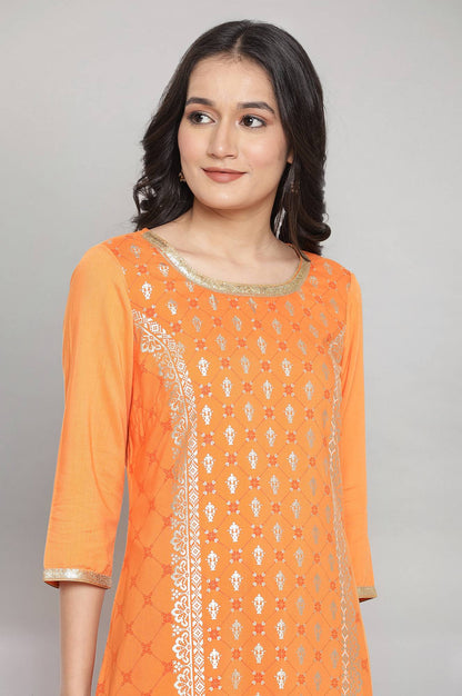 Orange Round Neck Printed Straight kurta