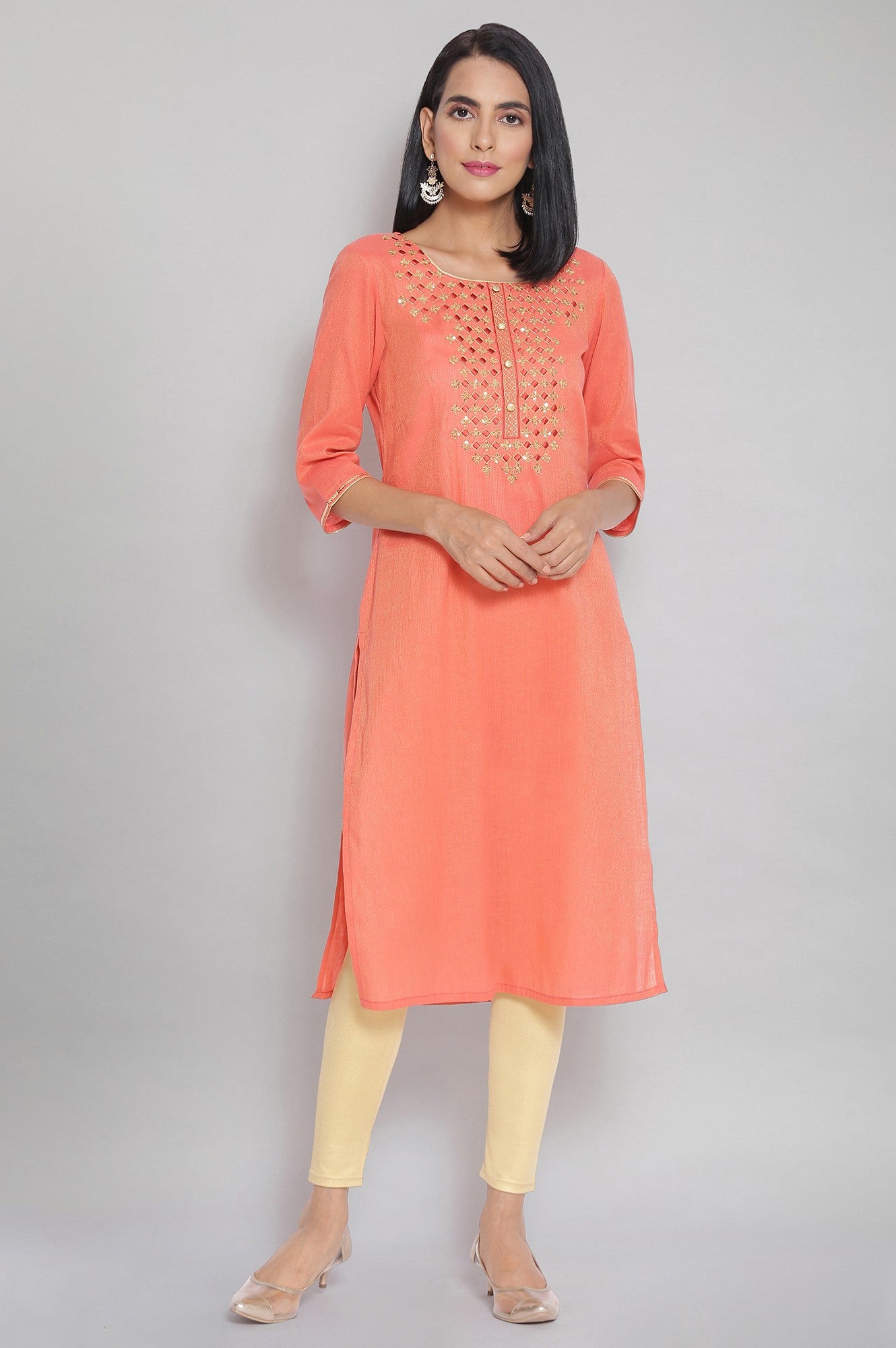 Peach Zari Embroidered kurta