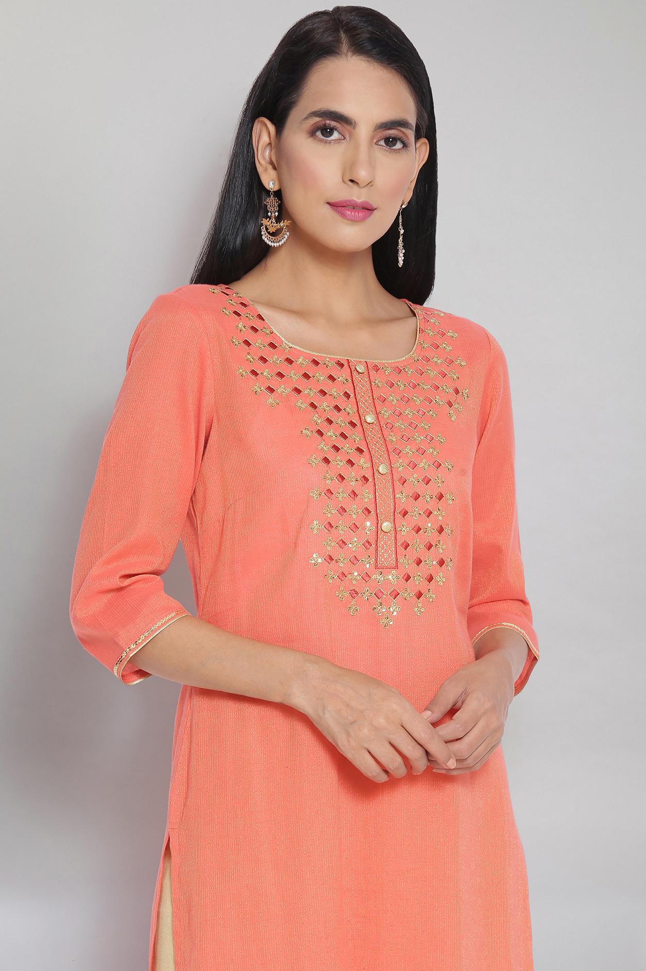 Peach Zari Embroidered kurta