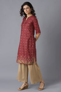 Maroon Mandarin Collar Foil Print Straight kurta