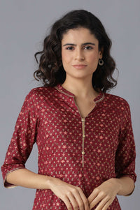 Maroon Mandarin Collar Foil Print Straight kurta