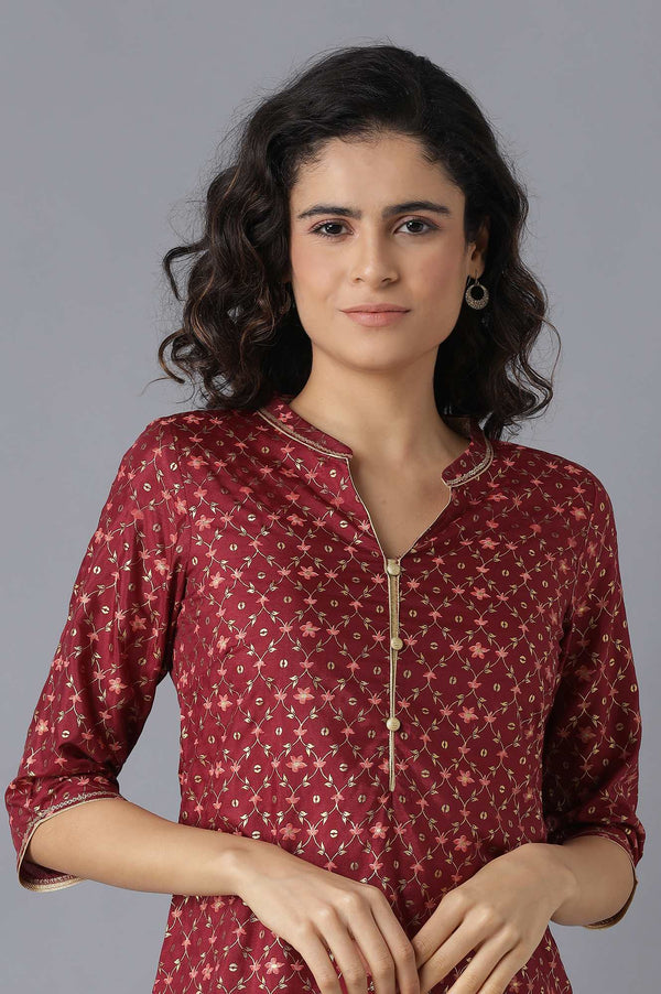 Maroon Mandarin Collar Foil Print Straight kurta