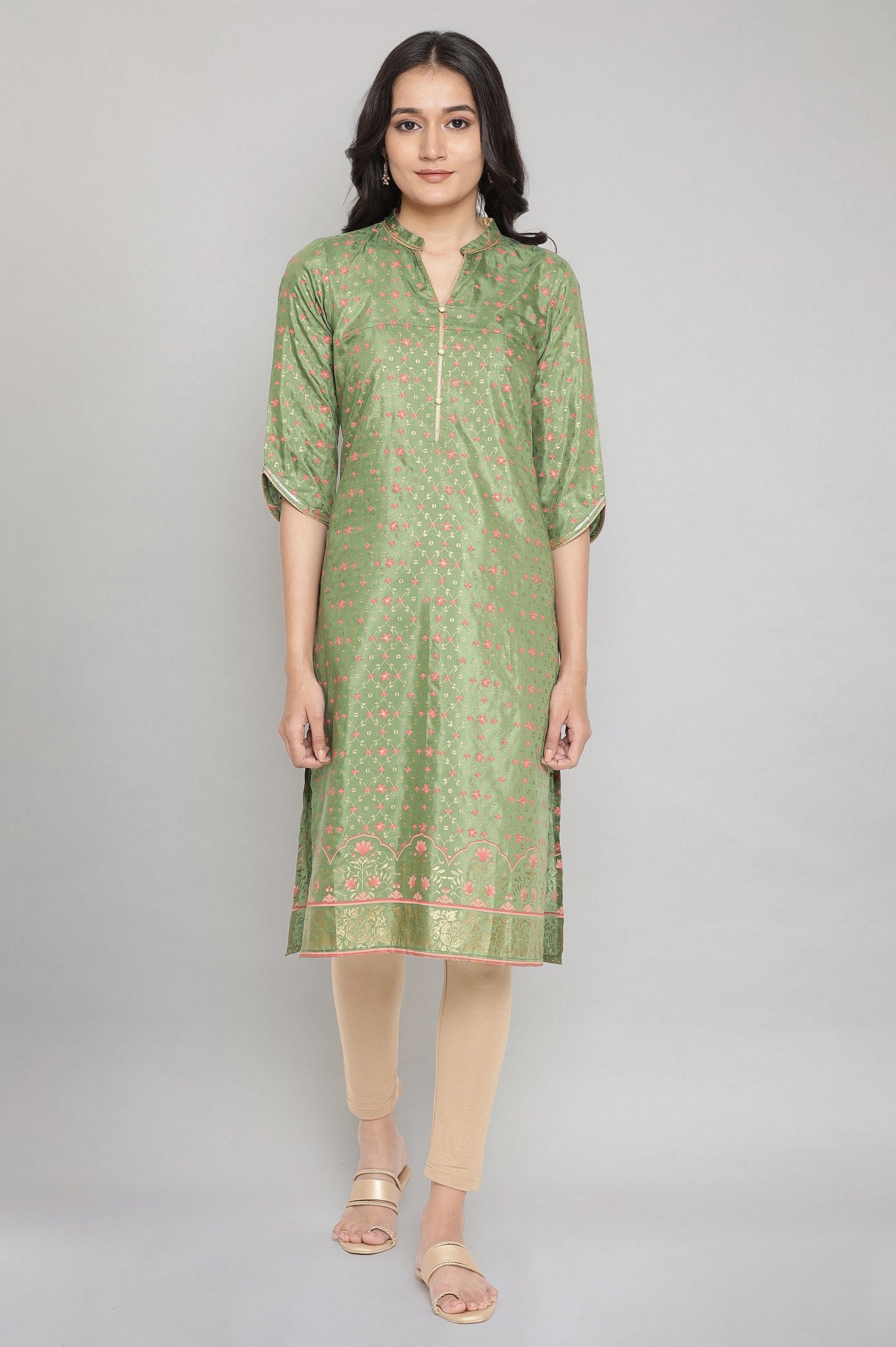 Green Mandarin Collar Foil Print Straight kurta