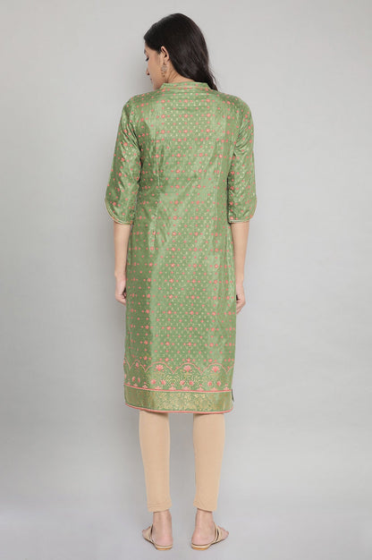 Green Mandarin Collar Foil Print Straight kurta