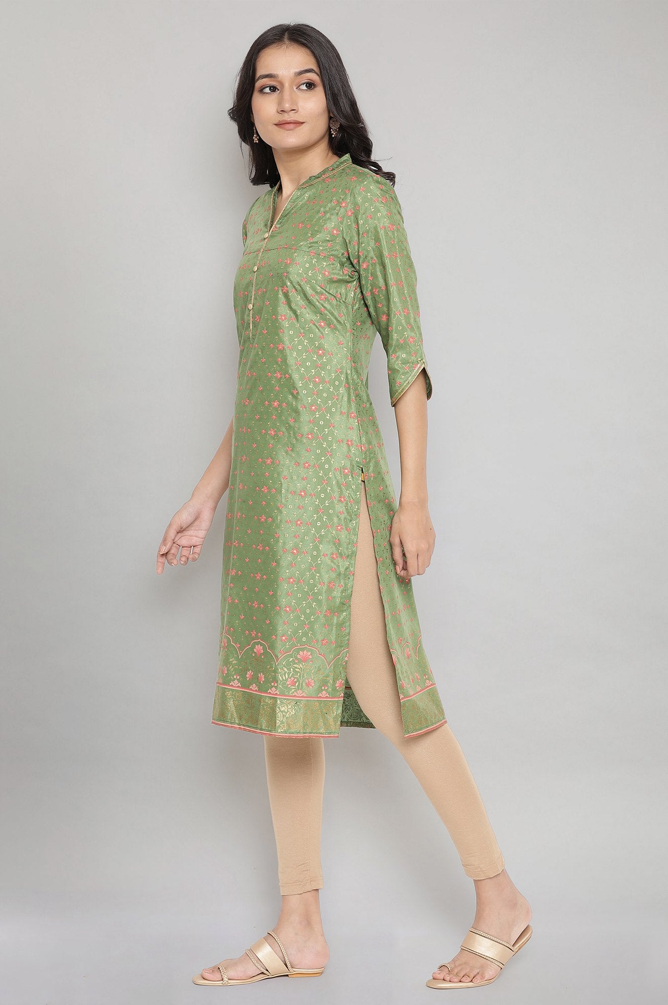 Green Mandarin Collar Foil Print Straight kurta